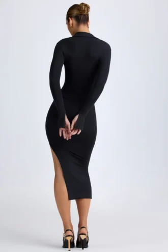 Vestido midi con escote en V profundo Yael en modal negro