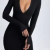 Vestido midi con escote en V profundo Yael en modal negro