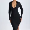 Vestido midi con escote en V profundo Yael en modal negro