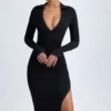 Vestido midi con escote en V profundo Yael en modal negro