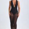 Vestido midi con escote pronunciado y fruncidos Safira en negro