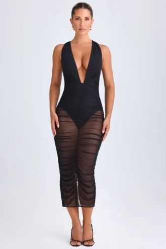 Vestido midi con escote pronunciado y fruncidos Safira en negro