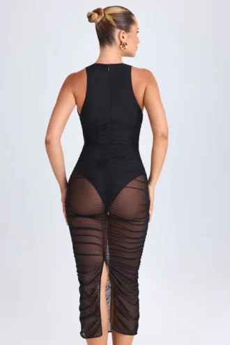 Vestido midi con escote pronunciado y fruncidos Safira en negro