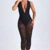 Vestido midi con escote pronunciado y fruncidos Safira en negro