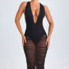 Vestido midi con escote pronunciado y fruncidos Safira en negro