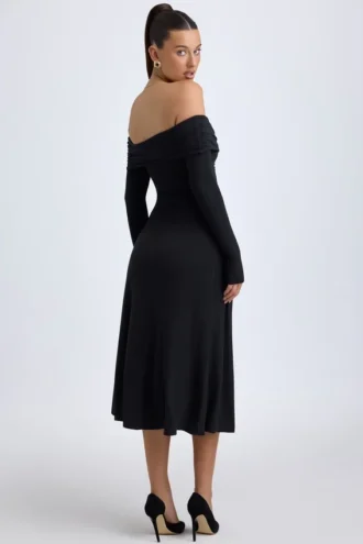 Vestido midi con fruncidos y hombros descubiertos Noelle en modal negro
