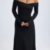 Vestido midi con fruncidos y hombros descubiertos Noelle en modal negro