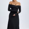 Vestido midi con fruncidos y hombros descubiertos Noelle en modal negro