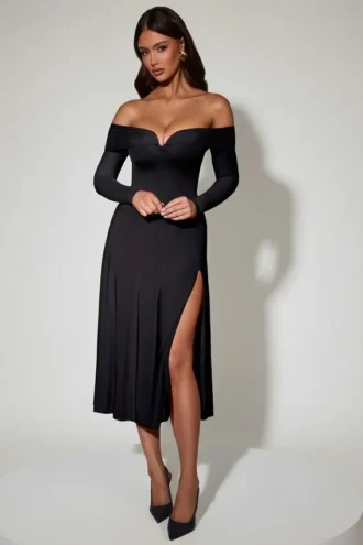 Vestido midi de corte A con encaje y tirantes cruzados Nerissa en negro