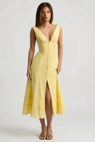 Vestido midi de corte A de popelín de algodón Aralisse en amarillo pastel