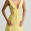 Vestido midi de corte A de popelín de algodón Aralisse en amarillo pastel