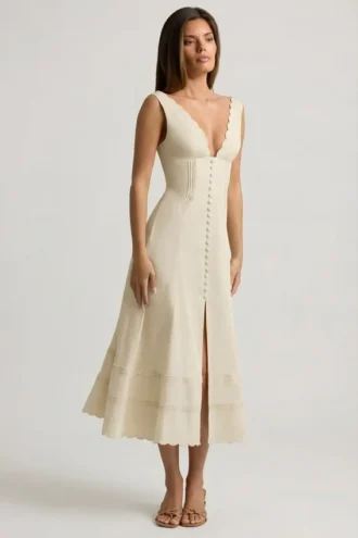 Vestido midi de corte A de popelín de algodón Aralisse en color marfil