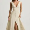 Vestido midi de corte A de popelín de algodón Aralisse en color marfil