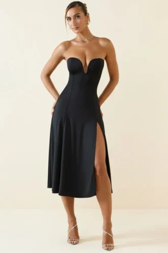 Vestido midi de corte A sin tirantes de jersey elástico Joely en negro
