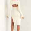 Vestido midi de manga larga con cuello cuadrado Sawyer en color marfil
