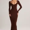 Vestido midi de manga larga Ori Modal Peekaboo en marrón chocolate