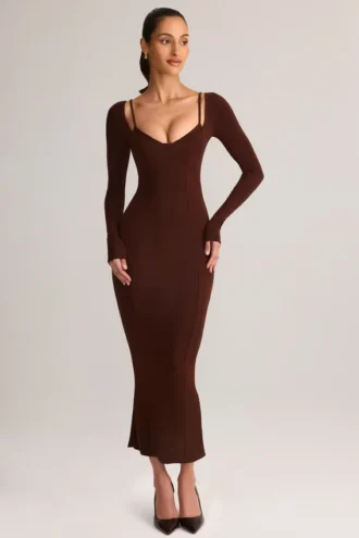Vestido midi de manga larga Ori Modal Peekaboo en marrón chocolate
