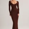 Vestido midi de manga larga Ori Modal Peekaboo en marrón chocolate