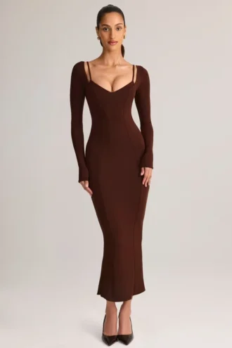Vestido midi de manga larga Ori Modal Peekaboo en marrón chocolate