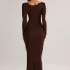 Vestido midi de manga larga Ori Modal Peekaboo en marrón chocolate