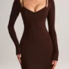 Vestido midi de manga larga Ori Modal Peekaboo en marrón chocolate