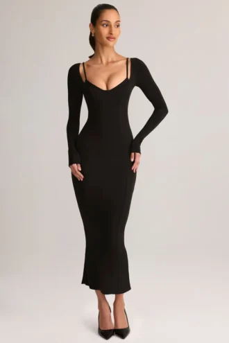 Vestido midi de manga larga Ori Modal Peekaboo en negro