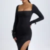 Vestido midi de manga larga y cuello cuadrado Sawyer de modal en negro