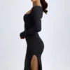 Vestido midi de manga larga y cuello cuadrado Sawyer de modal en negro