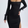 Vestido midi de manga larga y cuello cuadrado Sawyer de modal en negro