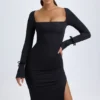 Vestido midi de manga larga y cuello cuadrado Sawyer de modal en negro