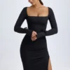 Vestido midi de manga larga y cuello cuadrado Sawyer de modal en negro