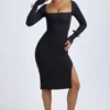 Vestido midi de manga larga y cuello cuadrado Sawyer de modal en negro