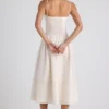 Vestido midi de popelín con pinzas y ribete de encaje Esmeralda en color marfil