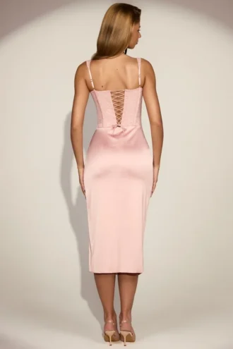 Vestido midi de satén con corsé y escote redondeado de encaje Taliah en rosa