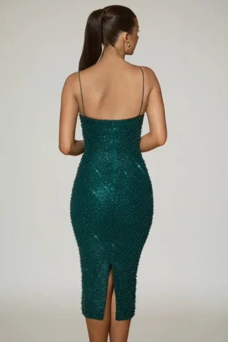 Vestido midi Eisley con cuello corazón y adornos en verde azulado