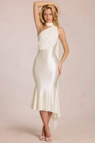 Vestido midi Giada con detalle de pañuelo en color marfil