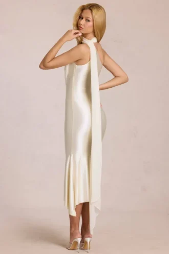 Vestido midi Giada con detalle de pañuelo en color marfil