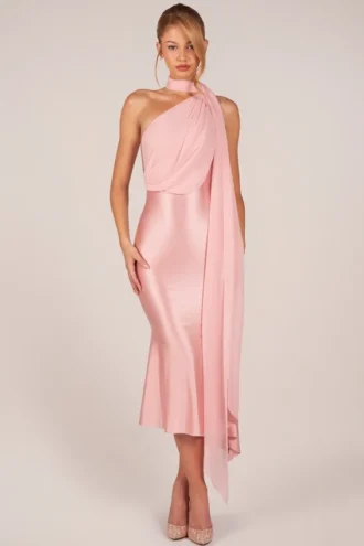 Vestido midi Giada con detalle de pañuelo en rosa palo