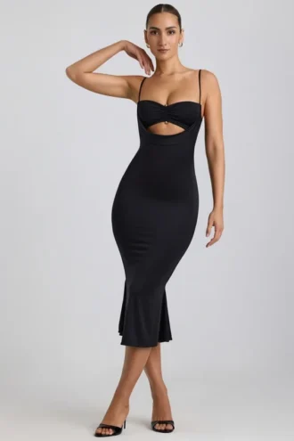 Vestido midi Julane de jersey elástico con fruncidos y aberturas en negro