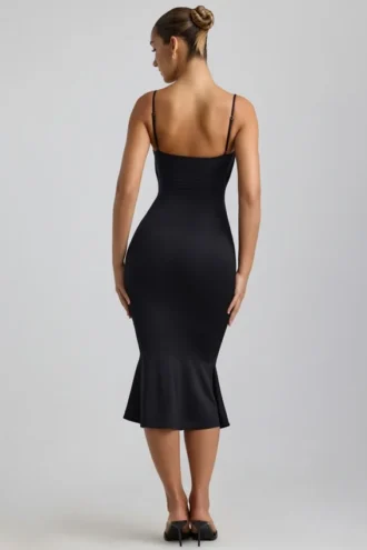 Vestido midi Julane de jersey elástico con fruncidos y aberturas en negro
