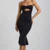 Vestido midi Julane de jersey elástico con fruncidos y aberturas en negro
