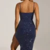 Vestido midi-longo con drapeado y adornos tipo corsé Eliora en azul medianoche