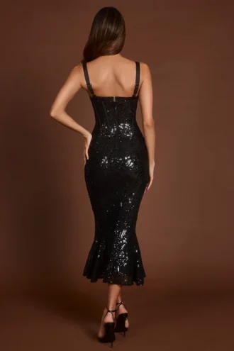 Vestido midi-longo Raffaella con corsé y aberturas, adornado con lentejuelas, en estampado de cebra negro