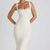 Vestido midi Navi de modal con ribete de encaje en color marfil