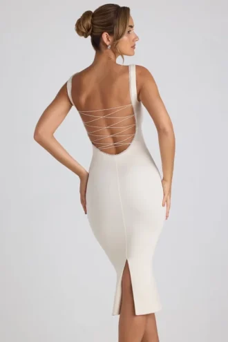 Vestido midi Navi de modal con ribete de encaje en color marfil