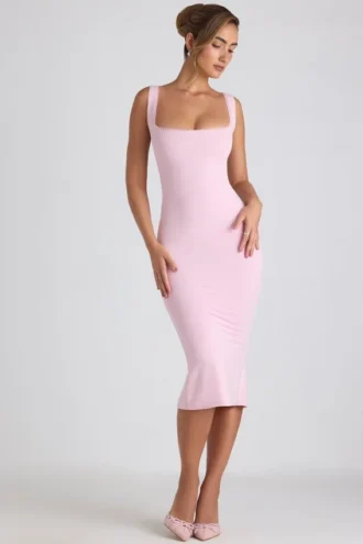 Vestido midi Navi de modal con ribete de encaje en rosa suave