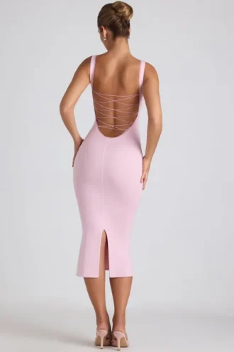Vestido midi Navi de modal con ribete de encaje en rosa suave