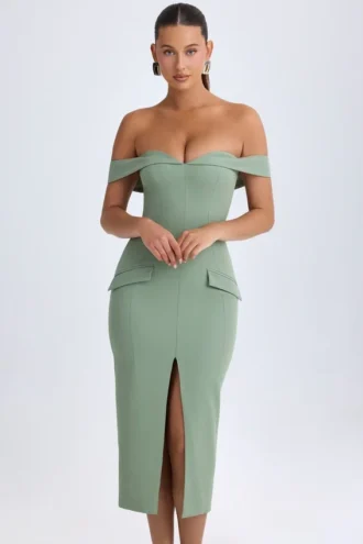 Vestido midi Rasine con hombros descubiertos en verde caqui