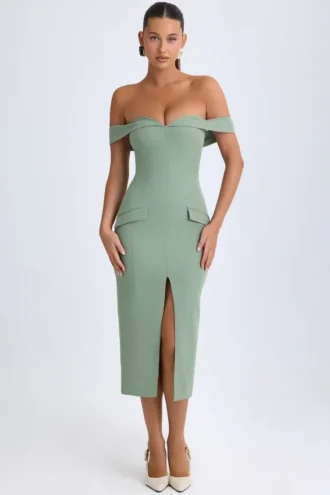Vestido midi Rasine con hombros descubiertos en verde caqui