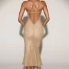 Vestido midi sin espalda con escote pronunciado de encaje metalizado Bellara en dorado